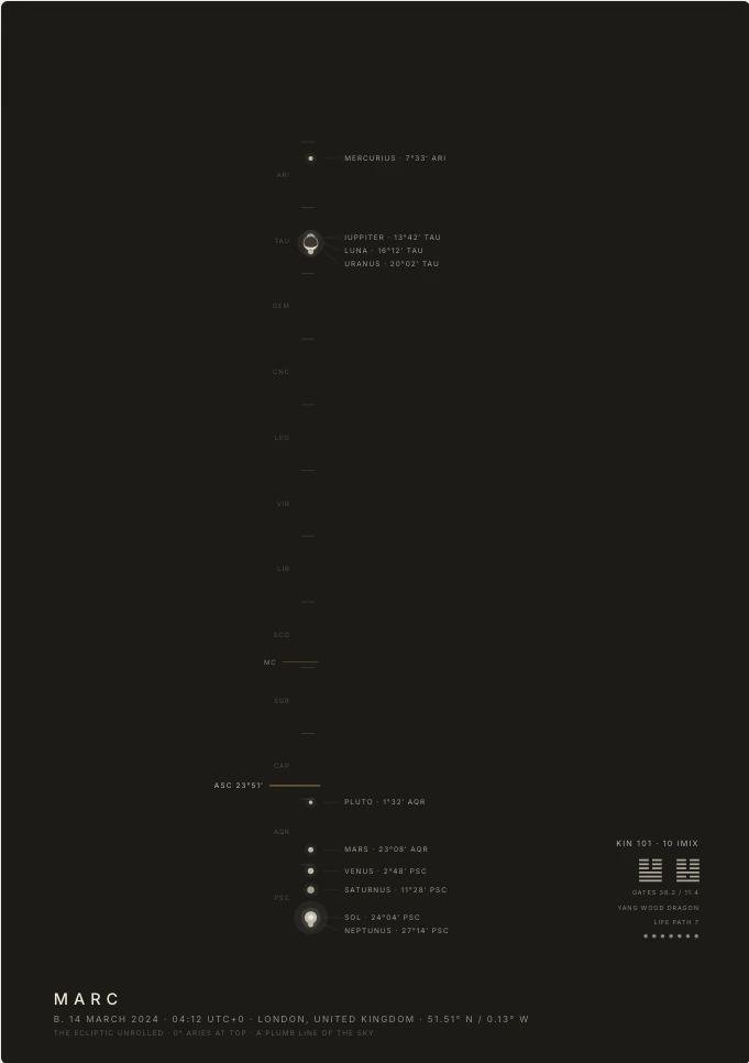 Plumb print: the zodiac unrolled to a single vertical line with planet labels. Example artwork.