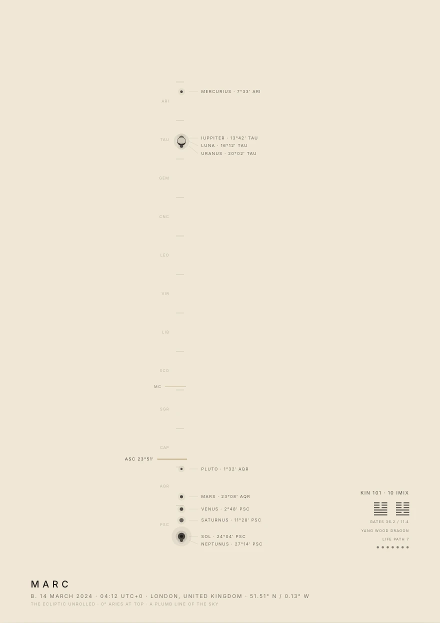Plumb print: planetary placements distilled into a single vertical line, on light paper. Example artwork.